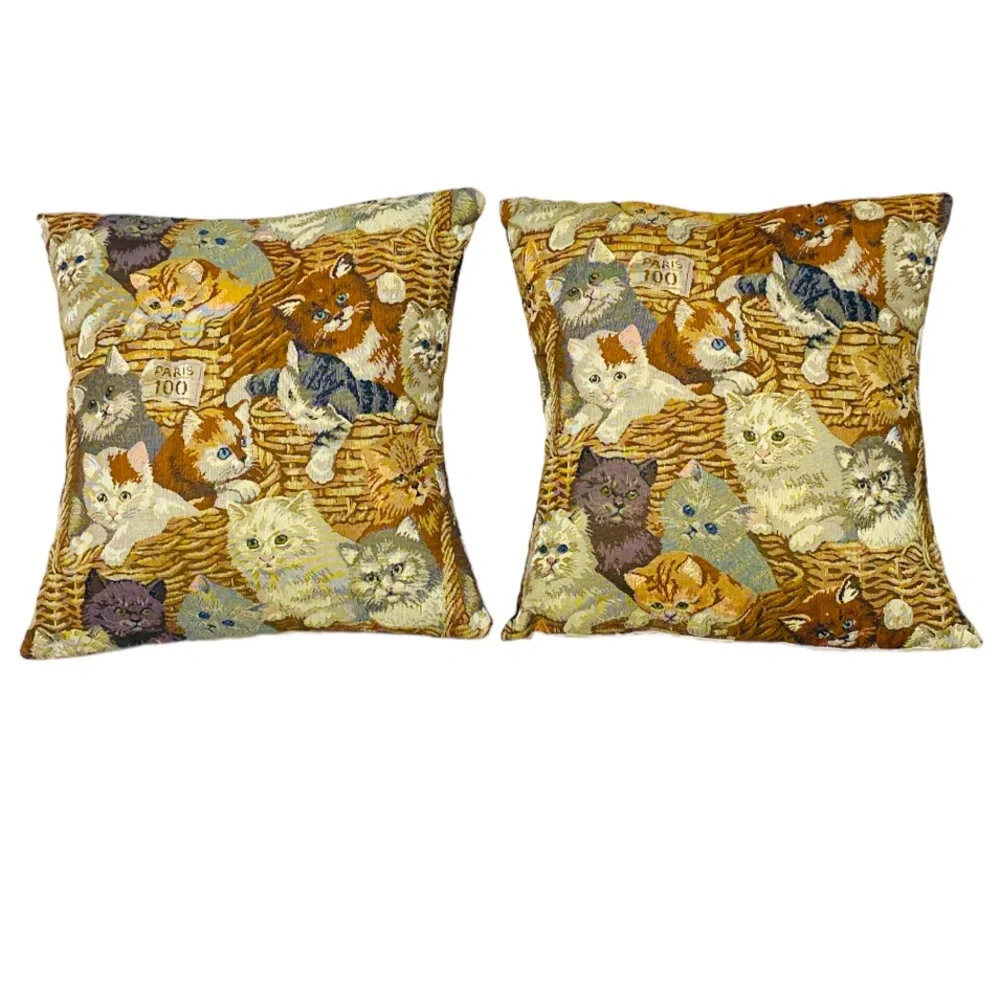 Cat Tapestry Throw Decorative Pillow 15” x 15” Paris Kitty Cluster Set‎ of two